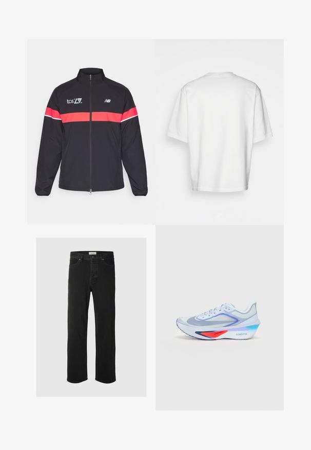 Black athletic jacket with high collar, full zipper, and red horizontal stripes. Features logo prints on the chest and shoulder. Smooth fabric.; White short-sleeve t-shirt, loose fit, round neckline, smooth cotton fabric, unembellished back, straight hemline, no patterns or accents.; Black denim straight-leg jeans feature a classic five-pocket design with button closure, minimal stitching, and a soft texture.; Light blue running shoe with mesh upper, white laces, purple accents, and a red detail on the midsole. Features a curved sole and "ZOOMX" branding.