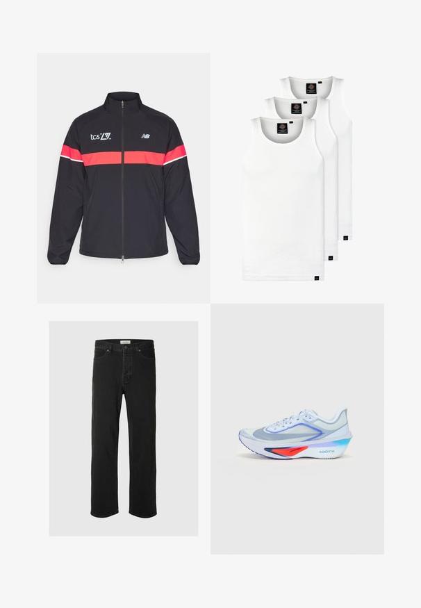 Černá sportovní bunda s vysokým límcem, plným zipem a červenými vodorovnými pruhy. Obsahuje logo na hrudi a rameni. Hladká tkanina.; Tři bílé žebrované tílka vyrobené z bavlny. Mají kulatý výstřih a malé černé štítky poblíž lemu. Dostupné v několika velikostech.; Černé džíny rovného střihu mají klasický design se pěti kapsami, zapínání na knoflík, minimální švy a jemnou texturu.; Světlomodré běžecké tenisky s síťovinovým svrškem, bílé šňůrky, fialové akcenty a červený detail na mezipodešvi. Vyznačují se zakřivenou podešví a značkou "ZOOMX".