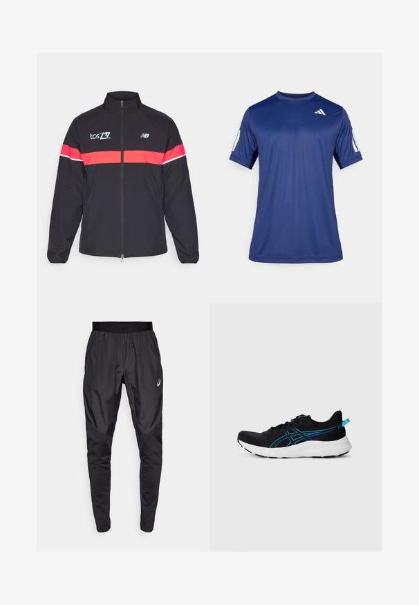 Čierna športová bunda s vysokým golierom, plným zipsom a červenými horizontálnymi pruhmi. Obsahuje potlače loga na hrudi a pleci. Hladká tkanina.; Námornícky modrá športová košeľa s krátkym rukávom vyrobená z hladkej tkaniny, s okrúhlym výstrihom a bielym logom umiestneným na hornej ľavej strane hrude.; Čierne športové nohavice s elastickým pásom, bočnými vreckami a kontrastnými textúrovanými panelmi na nohách. Logo Asics na boku.; Čierna športová obuv s priedušným sieťovaným zvrškom, modrými akcentmi, polstrovanou bielou podrážkou a textúrovaným povrchom pre lepšiu priľnavosť. Obsahuje šnúrky a pätkovú slučku.