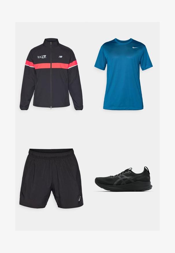 Casaco desportivo preto com colarinho alto, fecho de correr completo e riscas horizontais vermelhas. Apresenta estampas de logótipos no peito e no ombro. Tecido suave.; T-shirt atlético de manga curta em azul, feito de um tecido liso e que absorve a humidade. Apresenta um decote redondo e um pequeno logótipo no peito.; Calções atléticos pretos feitos de material leve, com um cós elástico e um pequeno logótipo no canto inferior esquerdo.; Shoe desportivo preto com parte superior em malha, design de atacadores, calcanhar reforçado e sola texturizada. Apresenta detalhes de logotipo reflexivo discretos.