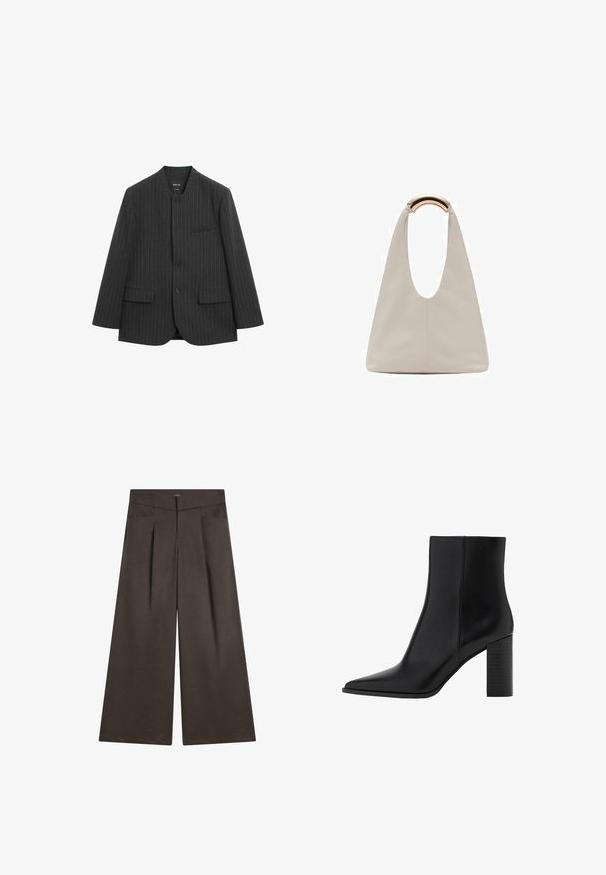 Veste grise à rayures avec un col rond, deux poches avant et une fermeture à un bouton. Fabriquée en tissu texturé, coupe moderne.; T-shirt en coton marron, à manches courtes, col rond, coupe décontractée, texture lisse, design minimaliste, sans motifs ni accents visibles.; Pantalons à jambes larges en tissu marron foncé, avec un devant plat, deux poches latérales et une texture lisse avec une silhouette ajustée.; Botte chelsea en cuir noir avec un bout pointu, un talon carré, une texture lisse et des détails de couture le long des coutures. Les talons mesurent environ 8,9 cm.; Sac en cuir gris clair avec un design en forme de U et une poignée métallique courbée. Texture lisse avec un minimum de coutures et sans motifs visibles.