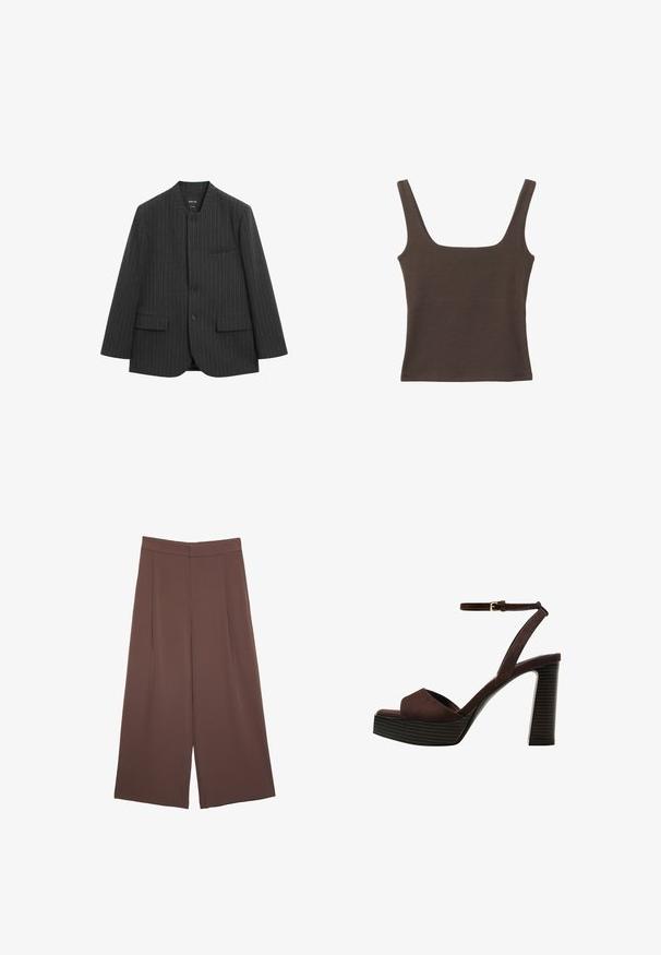 Grau gestreifter Blazer mit rundem Ausschnitt, zwei vorderen Taschen und einer Einzelknopfverschluss. Aus strukturiertem Stoff, moderner Schnitt.; Braunes ärmelloses Oberteil mit quadratischem Ausschnitt, aus weichem, dehnbarem Stoff gefertigt. Verfügt über ein figurbetontes Design und flache Nähte.; Braune Weite-Leg-Hosen mit einer glatten Textur, hoher Taille und Vorderfalten. Der Stoff ist leicht und fällt locker.; Braune Wildleder-Pumps mit offenem Zeh, verstellbarem Knöchelriemen und gestreiftem Plateausohlen.