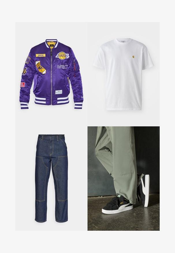Chaqueta bomber de satén púrpura con parches bordados, puños de rayas blancas y un interior amarillo. Cuenta con cierre de cremallera y bolsillos laterales.; Camiseta de algodón blanca con mangas cortas, cuello redondo, que presenta un pequeño logo dorado en la parte izquierda del pecho. Textura suave y corte regular.; Jeans de mezclilla azul oscuro con cintura alta, diseño de pierna recta, costuras contrastantes y bolsillos de parche en la parte delantera.; Zapatillas de ante negras con suelas de goma blancas y rayas laterales, combinadas con pantalones cargo verde claro, de pie sobre una superficie oscura texturizada.