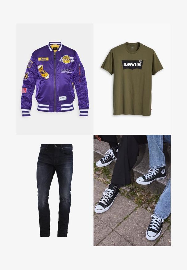 Ljubičasta satenska bomberska jakna s izvezenim naljepnicama, bijelim prugastim manžetama i žutom unutrašnjošću. Ima zatvaranje na zip i bočne džepove.; Maslinasto zelena pamučna majica kratkih rukava s velikim crnim Levi's logotipom u kontrastnom polukružnom obliku preko prsa. Regularni kroj.; Tamno plave uske traperice s blagim izblijeđenjem na bedrima i koljenima, s prednjim džepovima, petljama za pojas i dugmetom za zatvaranje.; Crne visoke platnene tenisice s bijelim gumama i vezicama, sa kružnim logom sa strane, u kombinaciji s trapericama i crnim hlačama.