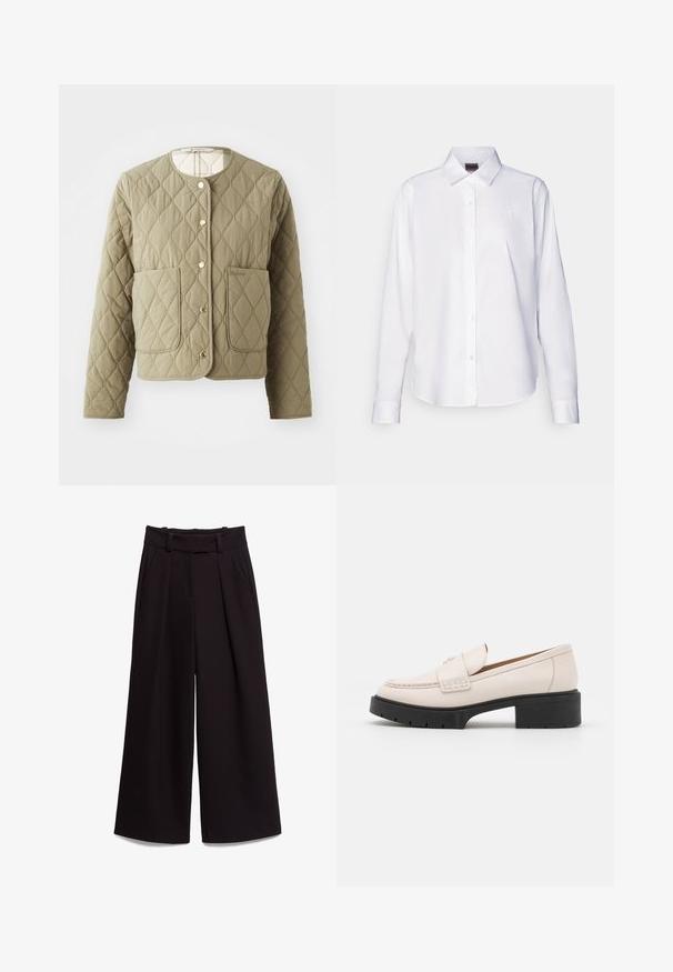 Κοντομάνικο μπουφάν σε ελαιόχρωμο, με στρογγυλή λαιμόκοψη, κουμπιά snap και δύο μπροστά τσέπες. Μαλακή υφή με σχέδιο διαμαντιού.; Λευκό πουκάμισο με μακριά μανίκια, φτιαγμένο από βαμβάκι. Διαθέτει κλασικό γιακά και διακριτική κεντημένη επωνυμία στο στήθος. Απαλή υφή.; Μαύρο παντελόνι με φαρδιά πόδια από λείο ύφασμα, με ψηλή μέση, θηλιές ζώνης και δύο μπροστινές τσέπες. Ο πτυχωτός σχεδιασμός προσθέτει υφή.; Ανοιχτό μπεζ δερμάτινες λόφερ με ραμμένη μπροστινή πλευρά και υφασμένο μαύρο τακούνι. Διαθέτουν καμπυλωτό σχέδιο και ελαφριά ανύψωση.