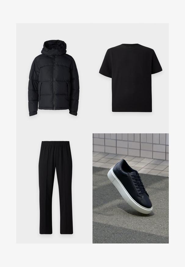 Juodas pūkinis švarkas su kapa, turintis užtrauktuką, siuvinėtu raštu ir dviem priekinėmis kišenėmis. Medžiaga yra lygi ir lengva.; Juodas trumpomis rankovėmis marškinėliai, pagaminti iš tekstūruotos medžiagos, su apvaliu iškirpimu ir laisvu siluetu. Paprasti, be raštų ar akcentų.; Juodos, elastingos juosmens kelnės su tiesiomis kojomis, turinčios lygų paviršių ir be matomų raštų ar detalių.; Juodas odinis sportbačius su apvaliu pirštu ir baltu gumuotu padu. Turi plokščias raišteles ir minimalų siuvimą viršuje. Padangos tekstūra užtikrina sukibimą.