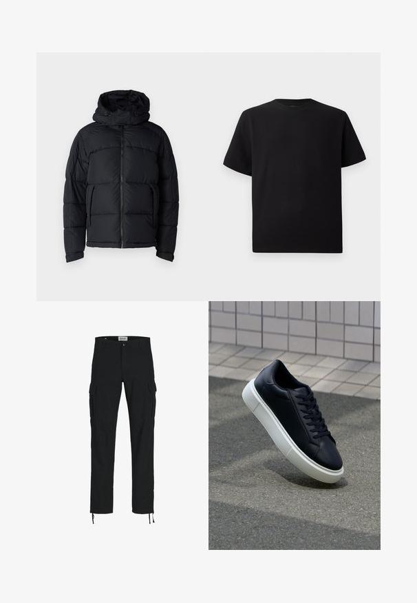 Zwarte gewatteerde jas met een capuchon, voorzien van een ritssluiting, gestikte textuur en twee zijzakken. De stof is glad en lichtgewicht.; Zwarte T-shirt met korte mouwen van gemerceriseerd stof, met een ronde halslijn en een relaxte pasvorm. Eenvoudig, zonder patronen of accenten.; Zwarte cargobroek met een rechte snit, voorzien van zijzakken, een knoopsluiting en elastische trekkoorden bij de enkels. Gemaakt van duurzame stof.; Zwarte leren sneaker met een ronde neus en een witte rubberen zool. Voorzien van platte veters en minimale stiksels op het bovenwerk. Textuurrijke zool voor grip.