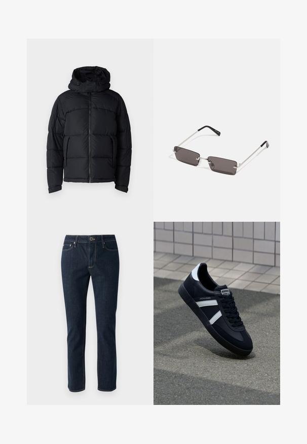 Jachetă puffer neagră cu glugă, cu închidere cu fermoar, textură matlasată și două buzunare frontale. Materialul este neted și ușor.; Tricou alb din bumbac, cu mâneci scurte, guler rotund și un text grafic roșu "FRUCTE DELICIOASE ȘI RACORITOARE" pe față.; Jeans din denim albastru închis cu un design drept, având închidere cu buton, cinci buzunare și cusături contrastante. Textură netedă.; Sneaker din piele neagră cu dungi albe, talpă din cauciuc texturat și șireturi. Prezintă un eticheta de marcă pe limbă.; Ochelari de soare cu lentile dreptunghiulare, gri închis, rame din metal argintiu și vârfuri din plastic negru pe brațe. Design ușor, cu pad-uri pentru nas.; Geantă crossbody neagră, confecționată dintr-un material rezistent, dotată cu o curea ajustabilă, un compartiment principal cu fermoar și o buzunar frontal.