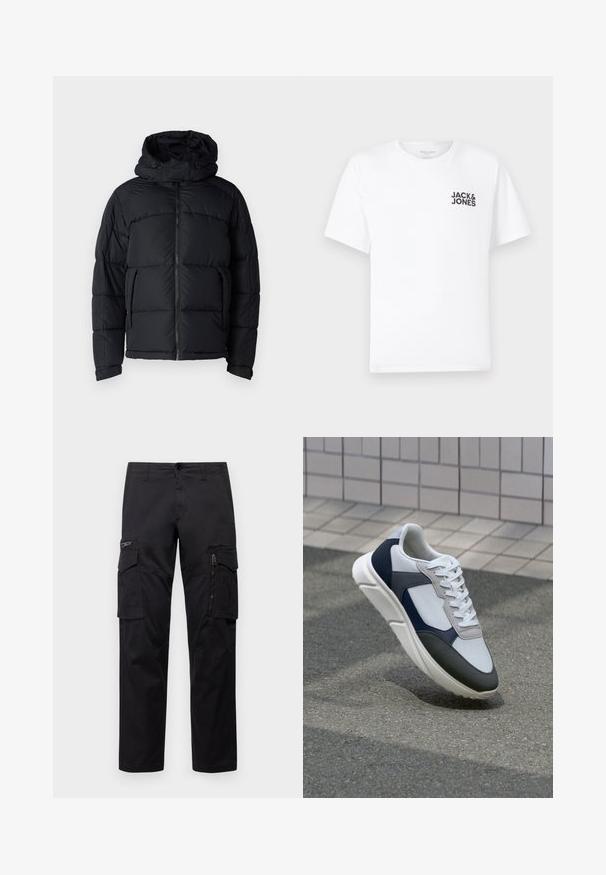 Zwarte gewatteerde jas met een capuchon, voorzien van een ritssluiting, gestikte textuur en twee zijzakken. De stof is glad en lichtgewicht.; Witte katoenen t-shirt, korte mouwen, ronde hals. Kenmerkt zich door het zwarte tekstlogo "JACK & JONES" op de linkerkant van de borst. Eenvoudig, strak ontwerp.; Zwarte cargobroek met meerdere zakken, een ritszak op de dij, rechte pasvorm en stevige katoen met een subtiele glans.; Witte, marineblauwe en grijze sneaker met een gemengde materiaald ontwerp, met een gestructureerde bovenkant, platte veters en een gevoerde zool.