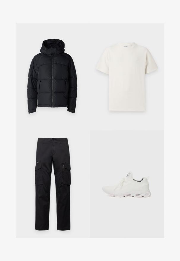 Crna puf jakna s kapuljačom, s patent zatvaračem, kviltanom teksturom i dva prednja dzepa. Tkanina je glatka i lagana.; Bijela kratka majica s kratkim rukavima u rebrastoj teksturi. Okrugli izrez, ležeran kroj, bez vidljivih uzoraka ili akcenta. Jednostavan i svestran dizajn.; Crne cargo hlače s više džepova, zatvorenim džepom na bedru, ravnog kroja i čvrstog pamuka s blagim sjajem.; Bijele atletske tenisice s gornjim dijelom od teksturiranog pletenog materijala, ravnim vezicama i jastučićem u potplatu s vidljivim zračnim komorama radi dodatne potpore.