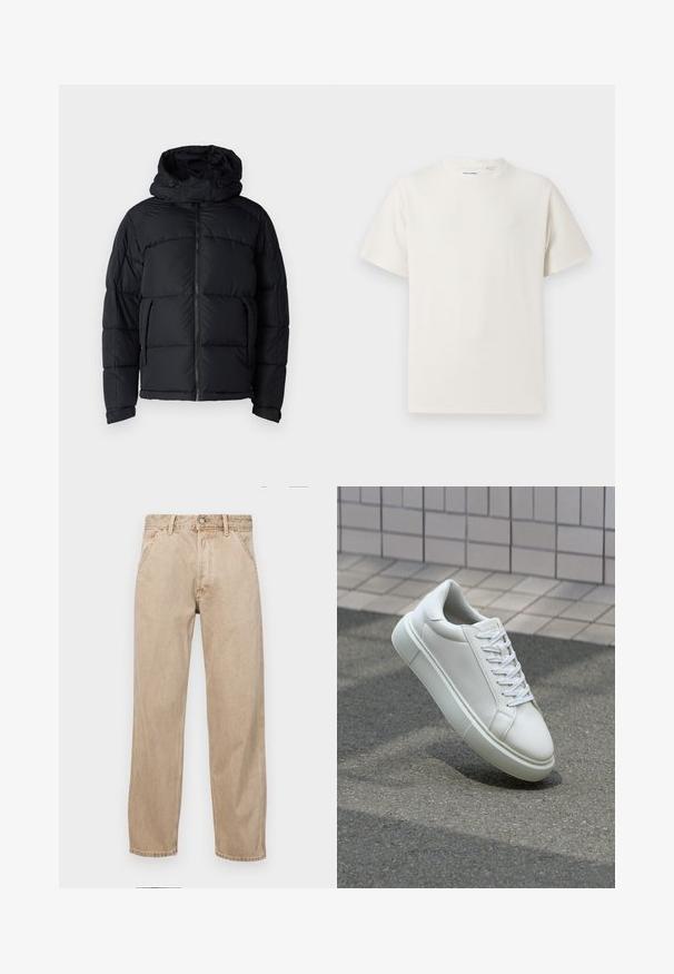 Črna puhovka s kapuco, z zadrgo, quiltano teksturo in dvema sprednjima žepoma. Tkanina je gladka in lahka.; Bela majica s kratkimi rokavi iz rebraste tkanine. Okrogli izrez, sproščen kroj, brez vidnih vzorcev ali naglasov. Preprosta in vsestranska zasnova.; Beige jeans iz džinsa s ravnim nogavicama, ki imajo sprednje žepe, kovinsko zapiranje in subtilno teksturo.; Bela usnjena teniska obutev z gladko površino, okroglo konico in ravnimi belimi vezalkami. Ima teksturiran gumijast podplat in minimalne oblikovalske elemente.