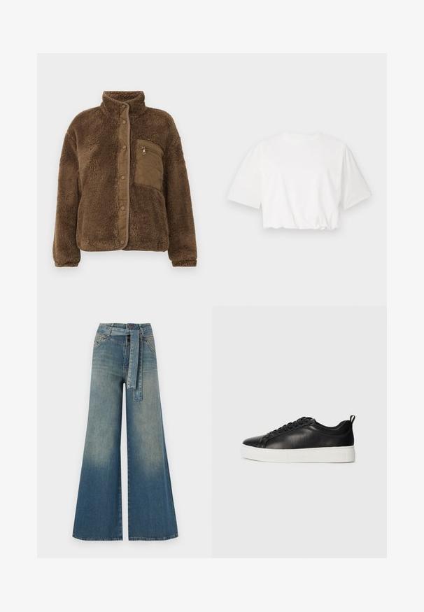 Giacca in pile marrone con colletto alto, caratterizzata da una tasca sul petto trapuntata e chiusure a scatto lungo la parte anteriore. Tessuto morbido e texture.; T-shirt bianco a maniche corte puff, con scollo rotondo e orlo inferiore arricciato, realizzato in morbido cotone.; Pantaloni in denim a gamba larga con una sfumatura che va dal blu chiaro al blu scuro, vita alta, passanti per cintura e una cintura in tessuto coordinato. Finitura in denim strutturato.; Sneaker in pelle nera a punta bassa con lacci neri e suola in gomma bianca spessa, vista dal lato esterno su uno sfondo bianco.