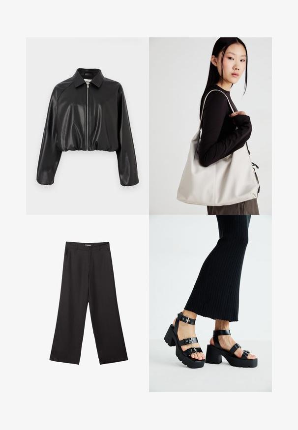 Black cropped jacket made of shiny faux leather. Features a flat collar and a front zipper. Long, slightly puffed sleeves. Smooth texture.; Plain short-sleeve black cotton T-shirt with crew neck, displayed on a white background.; Black wide-leg trousers made of smooth fabric, featuring a front zipper and two side pockets, with a tailored fit and minimalistic design.; Black platform sandals with chunky, lug soles and multiple straps, featuring metal buckles and a smooth leather-like texture.; Beige handbag made of soft material, featuring a slouchy design, stitched detailing, and two shoulder straps. Suitable for everyday use.