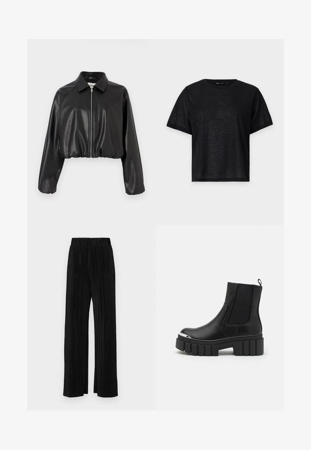 Giubbotto corto nero realizzato in finta pelle lucida. Presenta un colletto piatto e una cerniera frontale. Maniche lunghe, leggermente gonfiate. Texture liscia.; T-shirt nera a maniche corte con una vestibilità rilassata, caratterizzata da una texture liscia e un collo a giro. Tessuto leggero con una leggera lucentezza.; Pantaloni neri a plissé con vita elasticizzata. Presentano gamba ampia e un tessuto liscio e texture con strisce verticali.; Stivali neri alla caviglia in pelle liscia con pannelli elasticizzati, suola a piattaforma spessa e punta metallica.