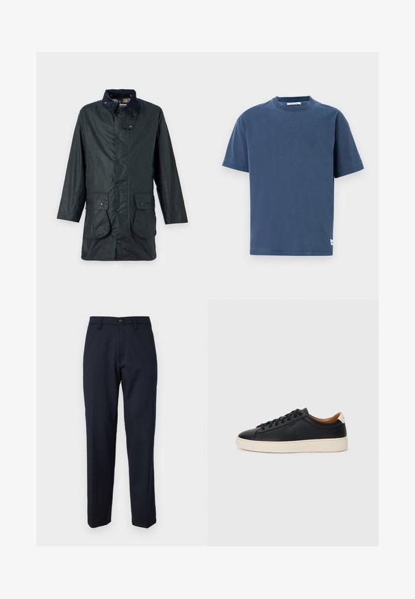 Palton impermeabil de un albastru închis, cu guler din corduroy, nasturi tip snap și două buzunare frontale. Fabricat dintr-un material neted, ușor reflectorizant.; Tricou din bumbac bleumarin, cu mâneci scurte, guler rotund, croială obișnuită, design simplu, cu o mică etichetă cu logo la tiv.; Pantaloni bleumarin dintr-un material neted, cu un buton în față, design drept și buzunare laterale. Fără modele sau detalii vizibile.; Căști din piele neagră cu o textură netedă, talpă din cauciuc bej, design cu șireturi și un accent contrastant la călcâi.