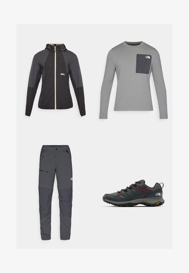 Black and gray lightweight jacket with a front zipper, hood, and distinctive panel design. Features a small logo on the chest area.; Long-sleeve gray shirt with textured fabric, featuring a dark gray chest pocket and a zip closure. Logo on pocket in white.; Gray outdoor pants with a smooth texture, featuring a zippered pocket on the side, reinforced knee sections, and a subtle logo detail.; Gray hiking shoe with red accents, mesh and synthetic upper, lacing system, and Vibram outsole for traction. Features Gore-Tex for water resistance.