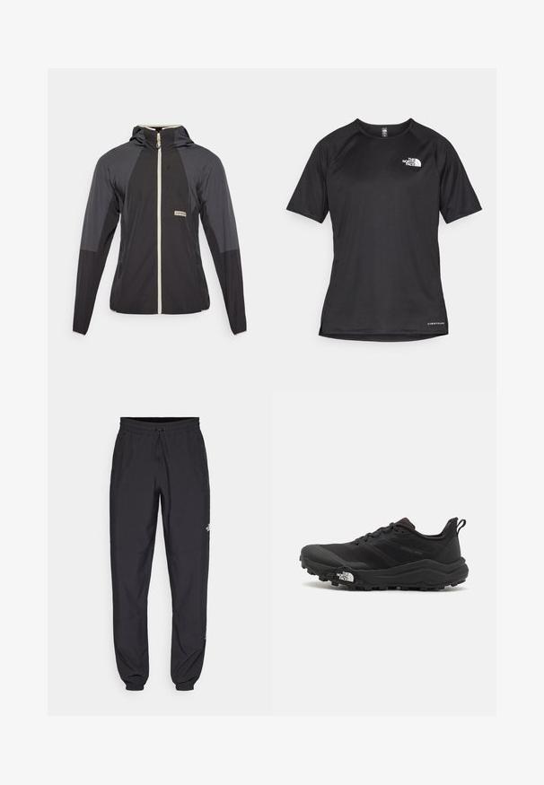 Veste légère noir et gris avec une fermeture éclair à l'avant, une capuche et un design de panneaux distinctifs. Présente un petit logo sur la zone de la poitrine.; T-shirt de sport noir à manches courtes avec un tissu texturé, arborant un logo blanc sur la poitrine gauche et un ourlet droit.; Pantalon de sport noir en tissu léger, avec une taille à cordon, des poches latérales et des chevilles resserrées.; Chaussure de trail running noire avec une tige texturée, semelle en caoutchouc et bout renforcé. Présente un col rembourré et une tirette pour un enfilage facile.