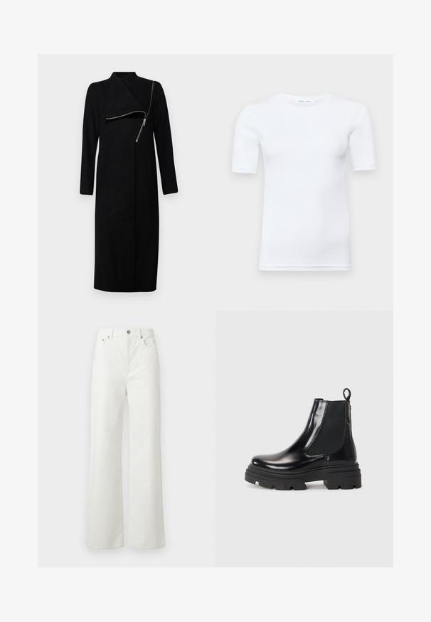 AllSaints MARGOH COAT - Casaco clássico - black; T-shirt branca de manga curta feita de algodão. Apresenta um decote redondo e uma textura suave, com costuras mínimas visíveis na barra.; Samsøe Samsøe SHELLY - Calças de ganga de corte relaxado - clear cream; Botas de tornozelo em couro preto com um design elegante, painéis laterais elásticos e uma sola robusta preta. Possui uma alça na parte de trás para facilitar o calçar.