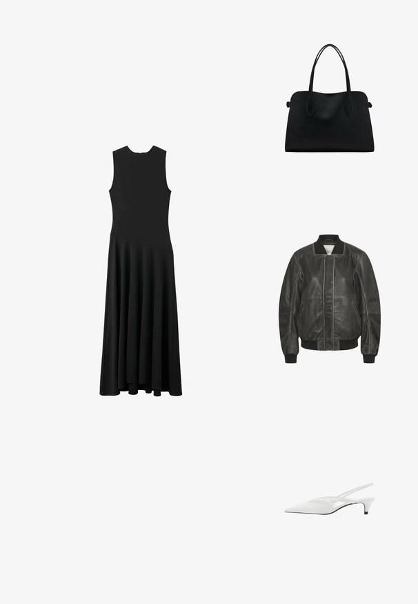 Črna usnjena bomber jakna z rebrastimi manšetami in ovratnikom, z zadrgo spredaj in stranskimi žepi ter šivanimi detajli ob šivih.; Črna brezrokavna maksi obleka s telesno oblikovanim korzetom in razširjeno krilo, ki ima gladko teksturo in minimalističen dizajn, brez vidnih zapiranj.; Bela slingback peta z ošiljenim nosom, z gladkim zgornjim delom, subtilnimi izrezi in nizkim blok petkom. Črna podplat poudarja dizajn.; Črna usnjena torbica z dvema naramnima trakoma, pravokotne oblike in minimalističnim dizajnom na beli podlagi.