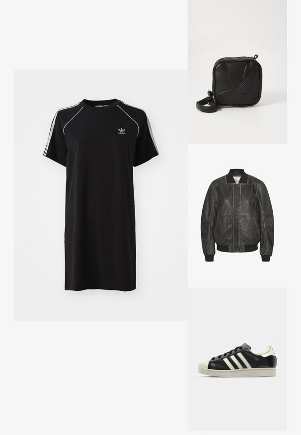 Svart läder bomberjacka med ribbade manschetter och krage, med en framtill dragkedja och sidofickor, samt stickat detaljer längs sömmarna.; Svart kortärmad klänning i mjukt tyg, med vita sidostråk, rund halsringning och en liten logotyp på bröstet.; Svart lädersneaker med vita ränder, gummitåhätta, svarta snören och en krämfärgad sula. Slät textur med blank yta.; Svart fyrkantig crossbody-väska i texturerat syntetmaterial. Har en präglad logodesign och justerbar rem. Dragkedjestängning.