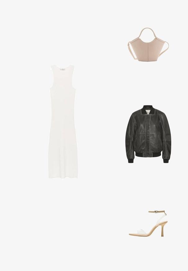 Czarna skórzana kurtka bomberka z ribbowymi mankietami i kołnierzem, z zamkiem błyskawicznym z przodu oraz kieszeniami bocznymi, z przeszyciami wzdłuż szwów.; Biała, bezrękawnikowa sukienka z prążkowanego dzianiny o dopasowanym kroju, sięgająca poniżej kolan. Prosty i minimalistyczny design, bez wzorów i dodatków.; Przezroczysta sandał z obcasem, z przezroczystą cholewką, beżową wkładką i smukłym paskiem w okolicy kostki. Posiada spiczasty czubek i cienki wysoki obcas.; Beżowa skórzana torebka o unikalnym kształcie, z dwoma krótkimi uchwytami i długim, regulowanym paskiem. Gładka tekstura z minimalną ilością elementów metalowych.