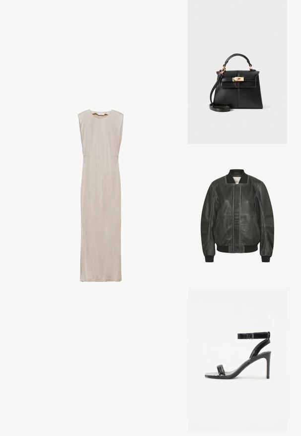 Črna usnjena bomber jakna z rebrastimi manšetami in ovratnikom, z zadrgo spredaj in stranskimi žepi ter šivanimi detajli ob šivih.; Bež, brezrokavni maxi plašč z okroglim izrezom, ravno silhueto in stranskimi razporki. Narejen iz gladkega blaga z mehko teksturo.; Črne sandale s peto z leskom, ki imajo dve ozki naramnici in naramnico okrog gležnja, postavljene na vitko stiletto peto.; Črna usnjena torbica s strukturiranim dizajnom, zgornjo ročico, odstranljivo naramnico in zlatim okovjem na magnetnem zapiranju.