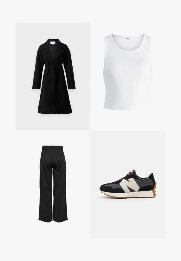 Svart lang ullkåpe med brede slag, en enkelt knappelukking og et belte i matchende stoff knyttet i midjen.; Hvit ribbestrikket tank topp med rund hals, uten ermer og croppe lengde. Merket leser "JJXX." Glatt stoff tekstur.; Svarte, vide bukser med elastisk midje, laget av glatt stoff. Har et rent design uten lommer eller synlige sømmer.; Sorte og grå sued sneakers med et stort cremefarvet "N" logo, lilla snørebånd og en tekstureret gummisål.