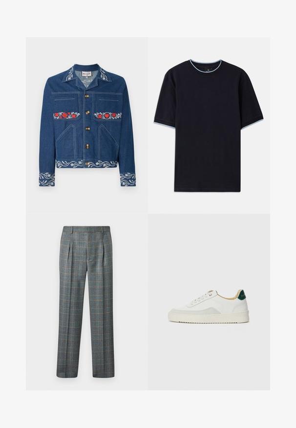Denim jacket in dark blue featuring red floral embroidery accents, gold buttons, chest and side pockets, and a patterned hem.; Dark blue short-sleeve t-shirt with a round neckline, featuring light blue accent at the collar and sleeves. Made of soft cotton fabric.; Gray plaid trousers with blue and orange lines, pleated front, straight leg design, made from a textured fabric, waist with belt loops.; White sneaker with suede accents, rounded toe, flat laces, and a cream rubber sole. Features green branding on the heel.