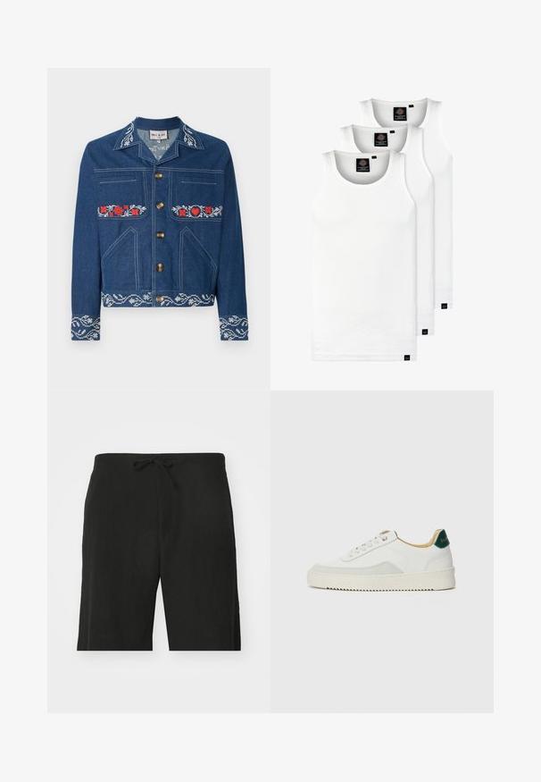 Tummansininen farkkutakki, jossa on punaiset kukka-ompeluseokset, kultaiset napit, rintataskut ja sivutaskut sekä kuviollinen helma.; Kolme valkoista ribbitekstiilistä toppia, jotka on valmistettu puuvillasta. Ominaisuuksiin kuuluu pyöreä pääntie ja pieni musta etiketti helman lähellä. Saatavilla useissa kooissa.; Mustat pellavahousut, joissa on nauhavyötärö, rento istuvuus ja polven pituinen muotoilu. Sileä rakenne, yksinkertainen ja klassinen tyyli.; Valkoiset tennarit, joissa on nahkaosia, pyöreä kärki, tasaiset nauhat ja kermaisa kumi-pohja. Takana vihreä brändäys.