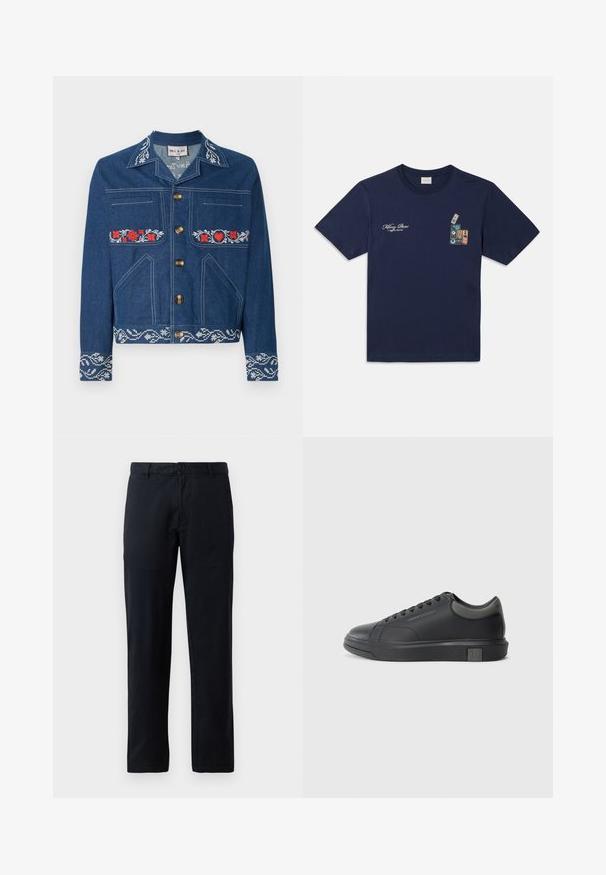 Traper jakna u tamnoplavoj boji s crvenim cvjetnim vezom, zlatnim dugmadima, džepovima na prsima i sa strane, te uzorkovanim rubom.; Tamno plava pamukasta majica kratkih rukava s grafikom na kojoj su složene kazete i natpis "Killing Bees" na prsima.; Crne ravne hlače izrađene od glatkog materijala. Sadrže jedan gumb za zatvaranje i petlje za remen, bez vidljivih uzoraka ili naglasaka.; Crne kožne tenisice s glatkom završnom obradom, okruglim vrhom i tamno sivim detaljima. Imaju vezanje i teksturiranu gumenu potplat.