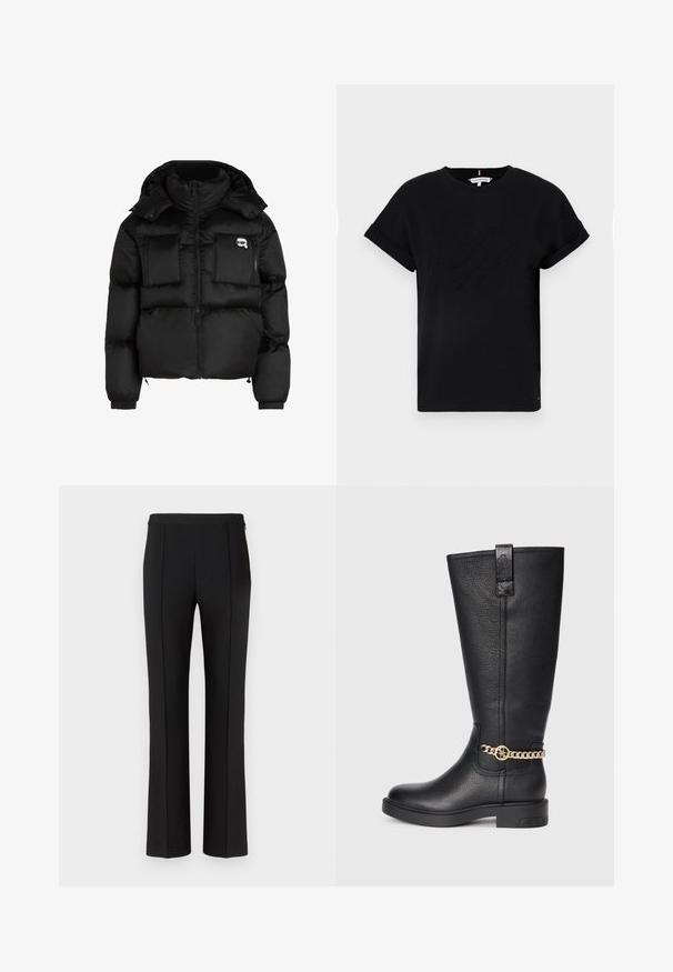 Svart pufferjacka med hög krage, zippered front, två stora framfickor och elastiska ärmslut. Slät, glänsande tyg med huva.; Svart bomull t-shirt med rullade korta ärmar, med en präglad logotyp i mitten och en liten flaggdetalj på sidan.; Svarta skräddarsydda byxor med en slät yta, med en rak benklippning, centrerade framveck och en minimalistisk midjebandsdesign.; Svarta läderknähöga stövlar med texturerad yta, prydda med ett dekorativt guldchainbeslag och en platt gummisula.