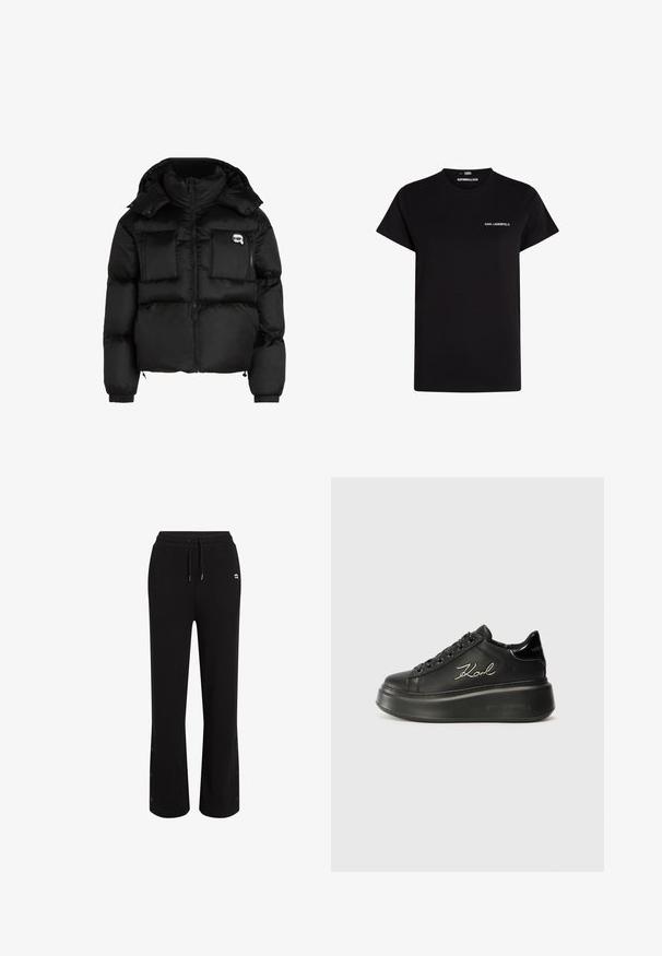 Juodas pūkinis švarkas su aukštu apykakle, užtrauktuku priekyje, dviem didelėm priekinėm kišenėm ir elastingomis rankovėmis. Lygus, blizgus audinys su kapišonu.; Juodas medvilninis marškinėlis trumpomis rankovėmis ir apvaliu kaklu. Pasižymi kontrastiniu baltu logotipu ant krūtinės. Paprasta, klasikinė dizaino linija.; Juodos sportinės kelnės su laisvu siluetu, raišteliu liemens srityje ir spaudimo mygtukų detalėmis ties kulkšnimis. Pagamintos iš minkštos, kvėpuojančios medžiagos.; Juodi platforminiai sportbačiai su lygiu odiniu viršumi, plokščiomis raištelėmis ir išsiuvinėtu "Karl" logotipu šone. Apvalūs pirštai ir storas padas.