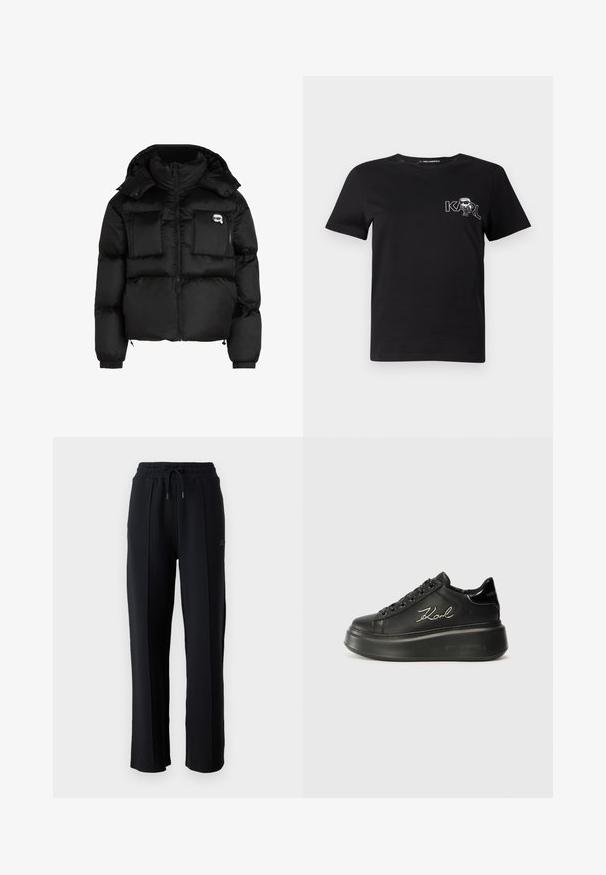 Chaqueta de plumas negra con cuello alto, cierre frontal con cremallera, dos grandes bolsillos delanteros y puños elásticos. Tela suave y brillante con capucha.; Camiseta de algodón de manga corta en color negro. Cuenta con un gráfico blanco que presenta el texto "KARL" y una figura estilizada en el pecho. Cuello redondo.; Pantalones de chándal negros con un corte relajado, cinturilla elástica, cordón ajustable y costuras verticales a lo largo de las piernas. Textura de tela suave.; Zapatillas de plataforma negras con parte superior de cuero suave, cordones planos y logo bordado "Karl" en el lateral. Punta redondeada y suela gruesa.