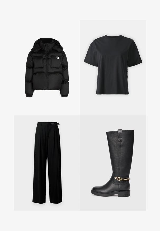 Černá péřová bunda s vysokým límcem, zapínáním na zip, dvěma velkými předními kapsami a elastickými manžetami. Hladká, lesklá látka s kapucí.; Černé triko s krátkým rukávem, vyrobené z bavlny, s volným střihem a kontrastním bočním panelem, který obsahuje malý text a designové detaily.; Černé široké kalhoty s vysokým pasem, záhyby vpředu a páskem s přezkou. Vyrobené z hladké, lehké tkaniny.; Černé kožené vysoké boty po kolena s texturovaným povrchem, vyznačující se ozdobným zlatým řetízkem a plochou gumovou podrážkou.