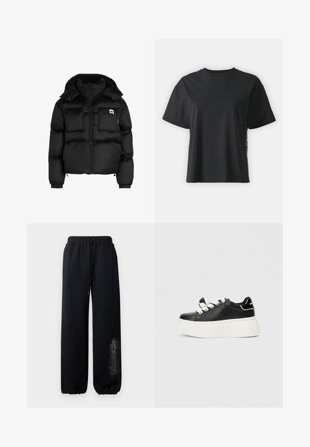 Črn puhovka z visokim ovratnikom, zadrgo spredaj, dvema velikima sprednjima žepoma in elastičnimi manšeti. Gladek, sijoč material s kapuco.; Črna bombažna majica s kratkimi rokavi, sproščenega kroja z kontrastnim stranskim panelom, ki vsebuje majhne besedilne in oblikovne podrobnosti.; Črne trenirke z elastičnim pasom, z vrvico in zategnjenimi manšeti. Imajo besedilno zasnovo s bleščicami na levi nogavici.; Črne usnjene superge z debelim belim rebrastim podplatom, ki imajo bele vezalke in okrasni vozel na ježku.