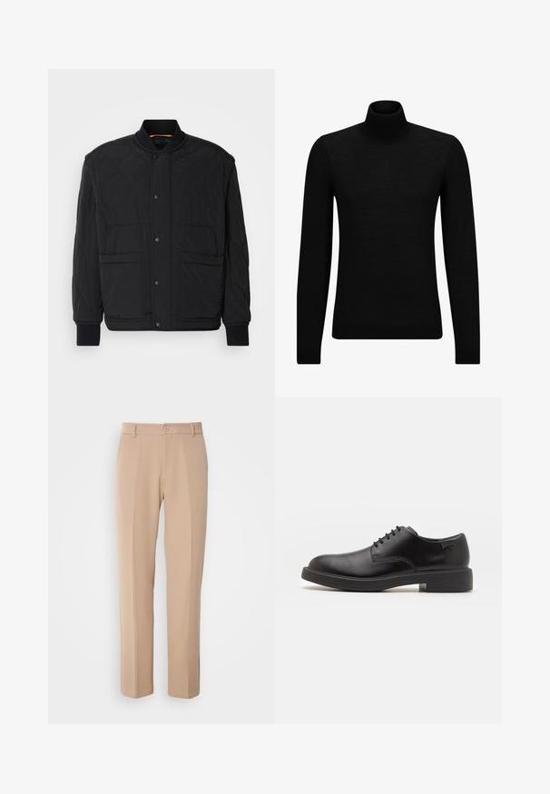 Svart quiltet jakke med ribbet krage, frontlukking med trykknapper og to store lommer. Har en glatt tekstur og polstret design.; Svart genser med høy hals laget av mykt materiale, med lange ermer og en tettsittende passform. Ribbestrikket kant nederst og ved ermene. Enkelt design.; Beige bukser laget av et glatt stoff, med rett ben-design, frontknapp-lukking og subtile bretter langs fronten.; Svart lær snøre sko med rund tå, glatt tekstur, minimal søm, og lav gummihæl. Logo på hælen.