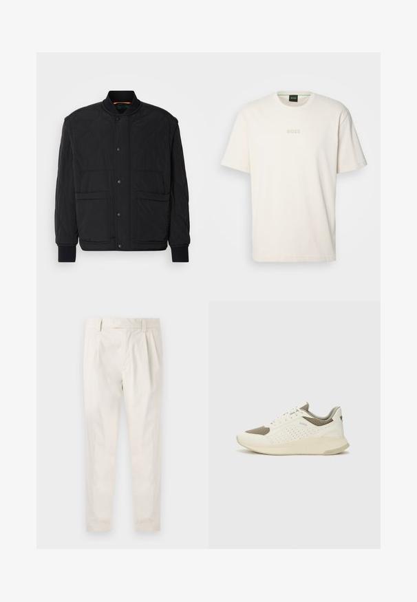 Casaco acolchoado preto com gola canelada, fecho frontal por botões de pressão e dois enormes bolsos. Apresenta uma textura suave e um design acolchoado.; BOSS TEE - T-shirt básica - open white; Calças brancas pregueadas com um corte ajustado, apresentando uma textura suave, passantes de cinto e pernas afuniladas. Sem bolsos visíveis ou padrões.; Sapatilha atlética branca e bege claro, com parte superior em malha, detalhes perfurados e uma entressola texturizada com marcação no calcanhar.