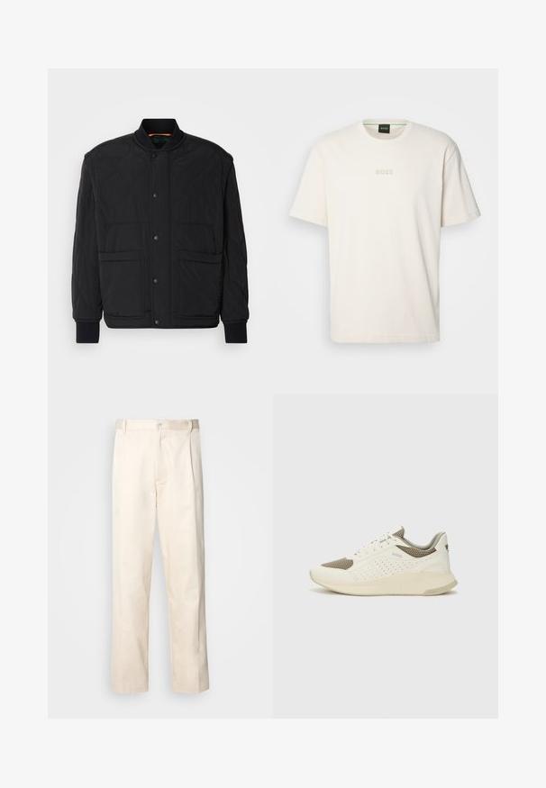 Svart quiltet jakke med ribbet krage, frontlukking med trykknapper og to store lommer. Har en glatt tekstur og polstret design.; BOSS TEE - T-shirts - open white; Beige bomullsbukser med rett benfatt, med knappelukking og folder foran for ekstra detaljer.; Hvit og lysebeige treningssko, med en mesh-overdel, perforerte detaljer og en teksturert mellomsåle med merkevare på hælen.