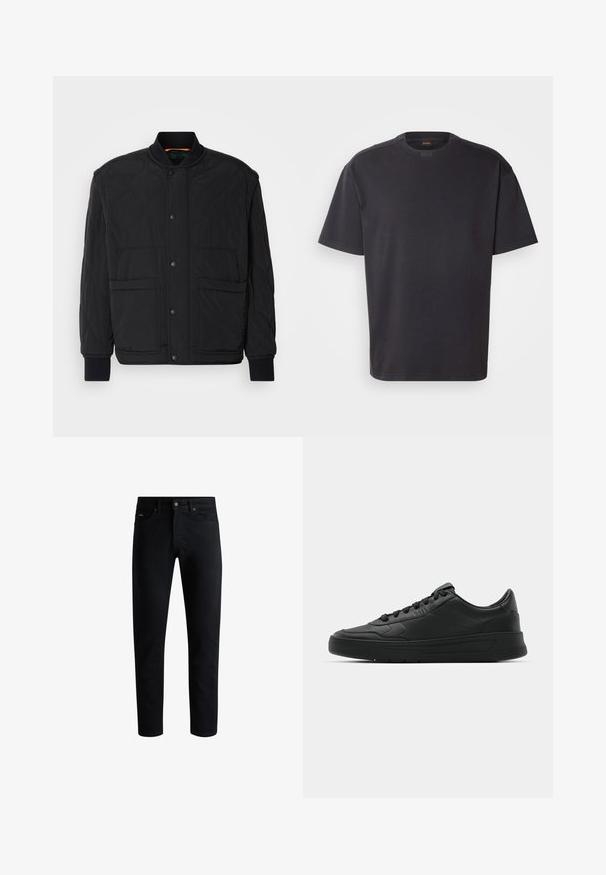 Black quilted jacket with a ribbed collar, front press-stud closure, and two large pockets. Features a smooth texture and padded design.; Black short-sleeved T-shirt made of cotton, featuring a round neckline and subtle branding at the collar. Smooth texture with a relaxed fit.; Black slim-fit jeans with five pockets, button closure, and belt loops, displayed against a white background.; Black sneaker with smooth leather upper, round toe, flat laces, cushioned collar, and minimalistic design. Rubber sole with subtle tread pattern.