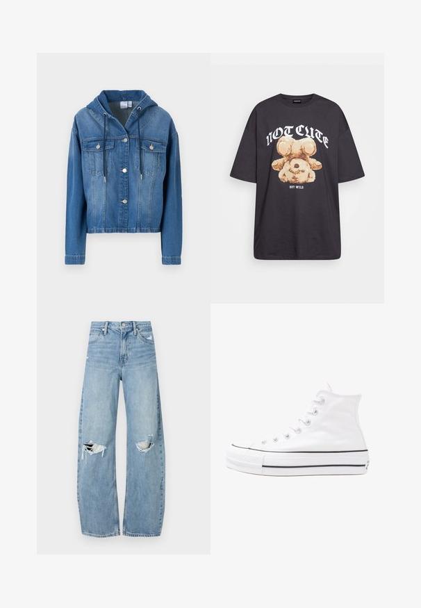 Jeansjakke med hette, i lys blåfarge, knappelukking foran, to brystlommer, og snøring på hetten.; Svart oversized t-skjorte med en grafikk av en bjørn og teksten "IKKE SØT, MEN VILL" i fet, hvit skrift. Laget av bomull.; Lyseblå høytlivsjeans laget av denim. Har vide bein, to revne knær og klassisk fem-lommers design.; Hvit høy-skinn kanvas sneakers med svart gummisåle, gummitåhette foran og seks hull for snorer, med et rent, minimalistisk design.