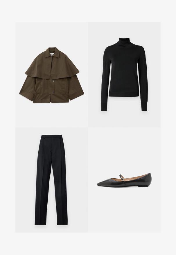 Rudas, kvadratinis švarkas su apykakle ir apsiaustu. Yra dvi priekinės kišenės ir knopkių užsegimai. Struktūrinė medvilnė.; Juoda ilgomis rankovėmis turtleneko tipo megztinis su rebruotomis rankovėmis ir apačia, eksponuojamas ant paprasto balto fono.; Juodos kelnės iš lygaus audinio, pasižyminčios aukštu liemeniu, plačiomis kojomis, priekinėmis klostėmis ir klasikiais diržo kilpomis. Šoninių kišenių nematyti.; Juodos odinės baleto bateliai su smailiu pirštu ir šoniniu dirželiu, papuoštu apvaliu auksiniu akcentu. Lengvi su plokščiu padu.