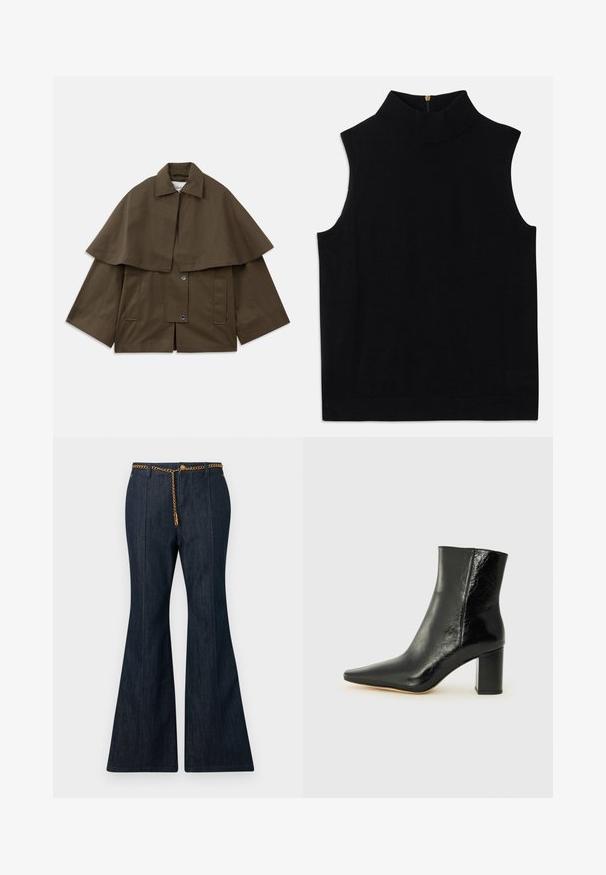 Barna, dobozszerű dzseki gallérral és köpenyszerű eltakaró résszel. Két elülső zsebbel és patentos záródással rendelkezik. Strukturált pamut anyag.; Fekete ujjatlan garbó felső puha anyagból, magas gallérral és hátsó cipzárral. Egyszerű dizájn, minta vagy díszítés nélkül.; Sötét denim, flared fazonú farmernadrág magas derékkal, aranylánc övvel és kontrasztos varrással a varrások mentén.; Fekete bokacsizma fényes bőrből, hegyes orral és tömör, négyzet alakú sarokkal. Simácska textúrával és minimalista dizájnnal rendelkezik.