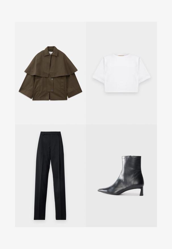 Smeđa, kutijasta jakna s ovratnikom i pokrivačem nalik plaštu. Ima dva prednja džepa i kopčanje na dugmadi. Strukturni pamuk.; Skraćena bijela majica od mekog materijala, s kratkim rukavima, okruglim izrezom i rebrastim detaljima na rubu. Jednostavan i neukrašen dizajn.; Crne hlače od glatkog materijala s visokim strukom, širokim nogavicama, prednjim pregibima i klasičnim petljama za remen. Nema vidljivih bočnih džepova.; Crne kožne gležnjače s uskim vrhom i elegantnim dizajnom. Imaju niski potpetak i zatvaranje na patentni zatvarač straga. Glatka tekstura.