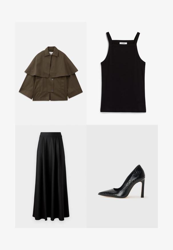 Chaqueta marrón, de corte cuadrado, con un cuello y un solapa tipo capa. Cuenta con dos bolsillos frontales y cierres a presión para abrochar. Material de algodón estructurado.; Top negro sin mangas con tirantes finos, hecho de una tela acanalada, que presenta un corte recto y una etiqueta en el cuello que dice "IVY OAK".; Falda negra de longitud completa con una textura suave, cinturilla ancha y diseño plisado, sin patrones o adornos visibles.; Zapato de tacón alto negro con punta afilada y textura de piel de cocodrilo, que presenta un diseño elegante, un alto tacón de aguja y un interior negro suave.
