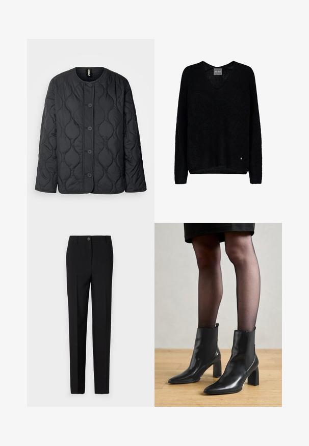 Ecoalf JACKET WOMAN - Lengva striukė - anthracite; Juodas, megztinis su V formos iškirpte ir ilgomis rankovėmis. Turi laisvą siluetą ir mažą metalinį logotipą apatinėje kairėje pusėje.; Juodai pritaikyti kelnes su tiesiu sijonu, su mygtukų užsegimu ir diržo kilpomis, pagamintos iš lygaus audinio.; Juodos odinės aulinės botai su smailiu priekiniu galiuku, masyviu kvadratiniu kulnu ir elegantišku dizainu. Yra elastingos šoninės detalės, kad būtų lengva užsidėti.