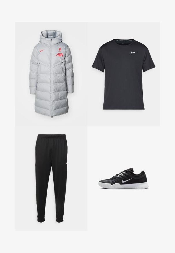 Nike Performance LIVERPOOL FC - Equipación de clubes - light smoke grey/global red; Camiseta de running negra de Nike, hecha de material ligero y transpirable, con mangas cortas y un pequeño logo blanco en el pecho.; Pantalones deportivos negros de tejido suave, con cintura elástica, perneras ajustadas y un pequeño logotipo blanco en el lado izquierdo.; Zapatilla deportiva negra con parte superior texturizada, logo de Nike en blanco y suela de goma blanca. Tiene un diseño con cordones y una forma dinámica.