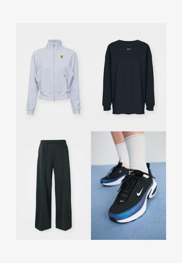 Nike Performance HERITAGE JACKET - Träningsjacka - football grey; Svart långärmad T-shirt i bomull med rundad halsringning. Har en vit Nike-logotyp på bröstet. Mjuk textur, enkelt design.; Svarta, vida idrottsbyxor med resårmidja. Tillverkade av ett slätt, stretchigt tyg som har diskreta framsömmar och inga fickor.; Svarta Nike-sneakers med ett mjukt tygövre, som har en gradientdesign från blått till svart, vit sula och framträdande logotypaccenter.