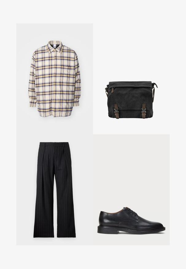 Effen overhemd in crème met blauw en gele ruitpatronen. Lange mouwen, relaxte pasvorm en een klassieke kraag. Zacht, gestructureerd materiaal.; Zwarte katoenen t-shirt met een ronde hals en korte mouwen. Heeft een subtiel logo aan de voorkant en een rechte zoom. Eenvoudig en minimalistisch ontwerp.; Zwart gestreepte broek met een wijde pijpdesign, voorzien van voorplooien en een gladde textuur. Geen zichtbare zakken of hardwaredetails.; Zwart leren dresschoen met een ronde neus, vetersluiting en een lage gestapelde hak. Gladde textuur met minimale stiksels.; Zwarte canvas schoudertas met een omklapbare flap, bruine leren accenten, twee metalen gespjes en een zijvak met rits.