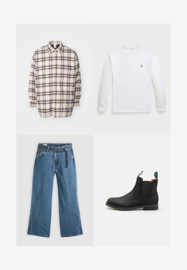 Hemd in Creme mit blau-gelben karierter Musterung. Lange Ärmel, lockere Passform und klassischer Kragen. Weicher, strukturierter Stoff.; Langärmliges weißes T-Shirt aus Baumwolle, mit einem Rundhalsausschnitt und einem kleinen marineblauen Logo auf der linken Brust. Glatte Textur, einfaches Design.; Blaue Denim-Jeans mit weitem Bein, angebautem Gürtel, vorderen Taschen und sichtbaren Nähten auf einem schlichten hellen Hintergrund.; Schwarze Wildleder Chelsea-Boots mit elastischen Seitenpanels und einer Schlaufe. Flache Sohle mit leichter Textur, abgerundete Spitze und minimalen Nähdetails.