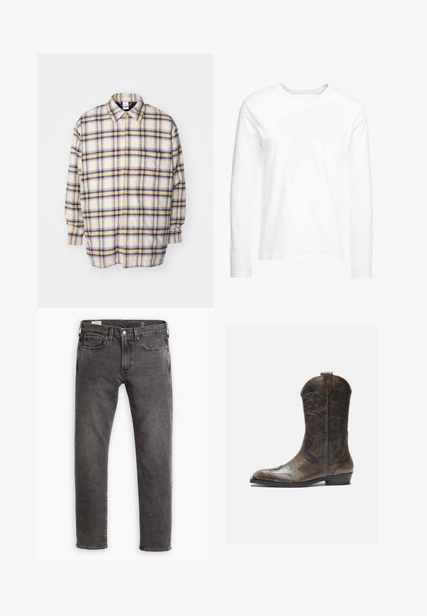 Button-up shirt in cream with blue and yellow plaid patterns. Long sleeves, relaxed fit, and a classic collar. Soft, textured fabric.; Long-sleeve white t-shirt made of soft cotton. Crew neckline with straight cut hems and no visible patterns or graphics.; Gray denim jeans with a straight cut, five-pocket design, and a button fly. Features subtle fading and tonal stitching throughout.; Brown leather cowboy boot with a tall shaft, pointed toe, intricate stitching patterns, and a small heel. Textured finish throughout.